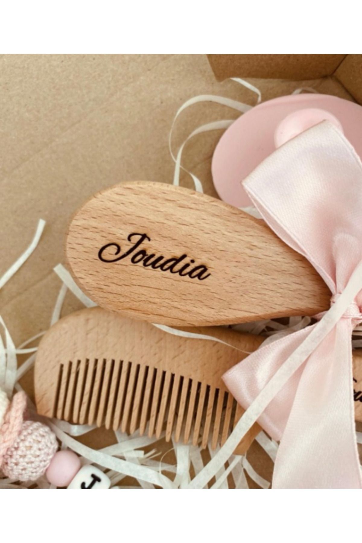 ENCİVA 2'Li Set İSME ÖZEL DOĞAL Anne Bebek Keçı Kılı Tarak ve Saç Fırçası YENİ DOĞAN BEBEK BAKIM HEDİYELİK fotoğrafı 4 (önizleme)