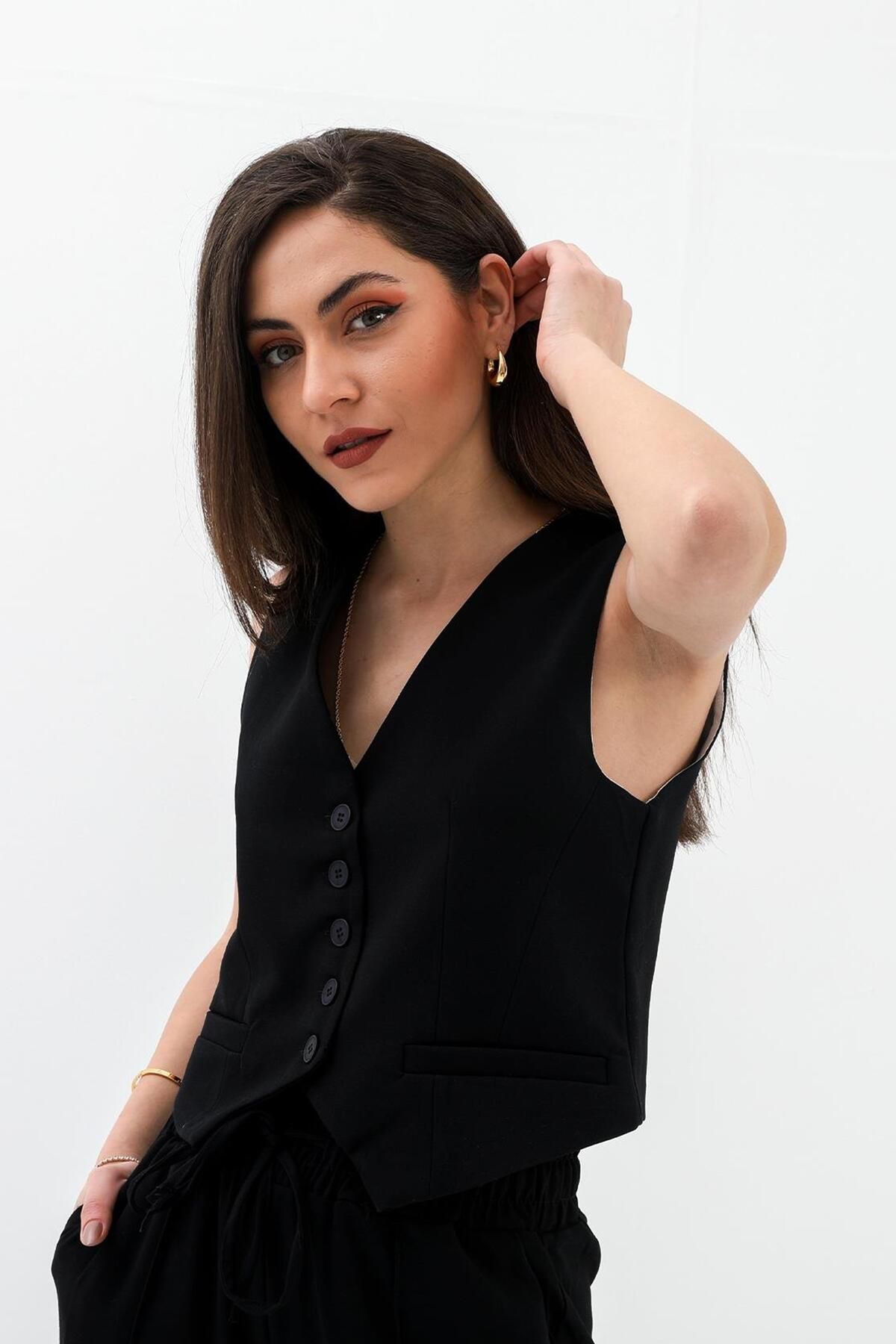VAPUR TEKSTİL-Polyviscon Vest - Buttoned with Pockets and Collet, Black 3