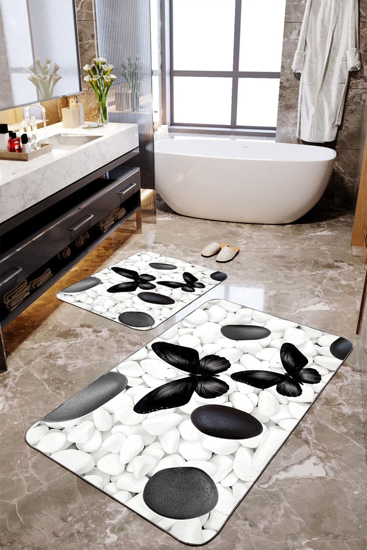 Black Butterflies 2-Piece Large Bath Mat Set