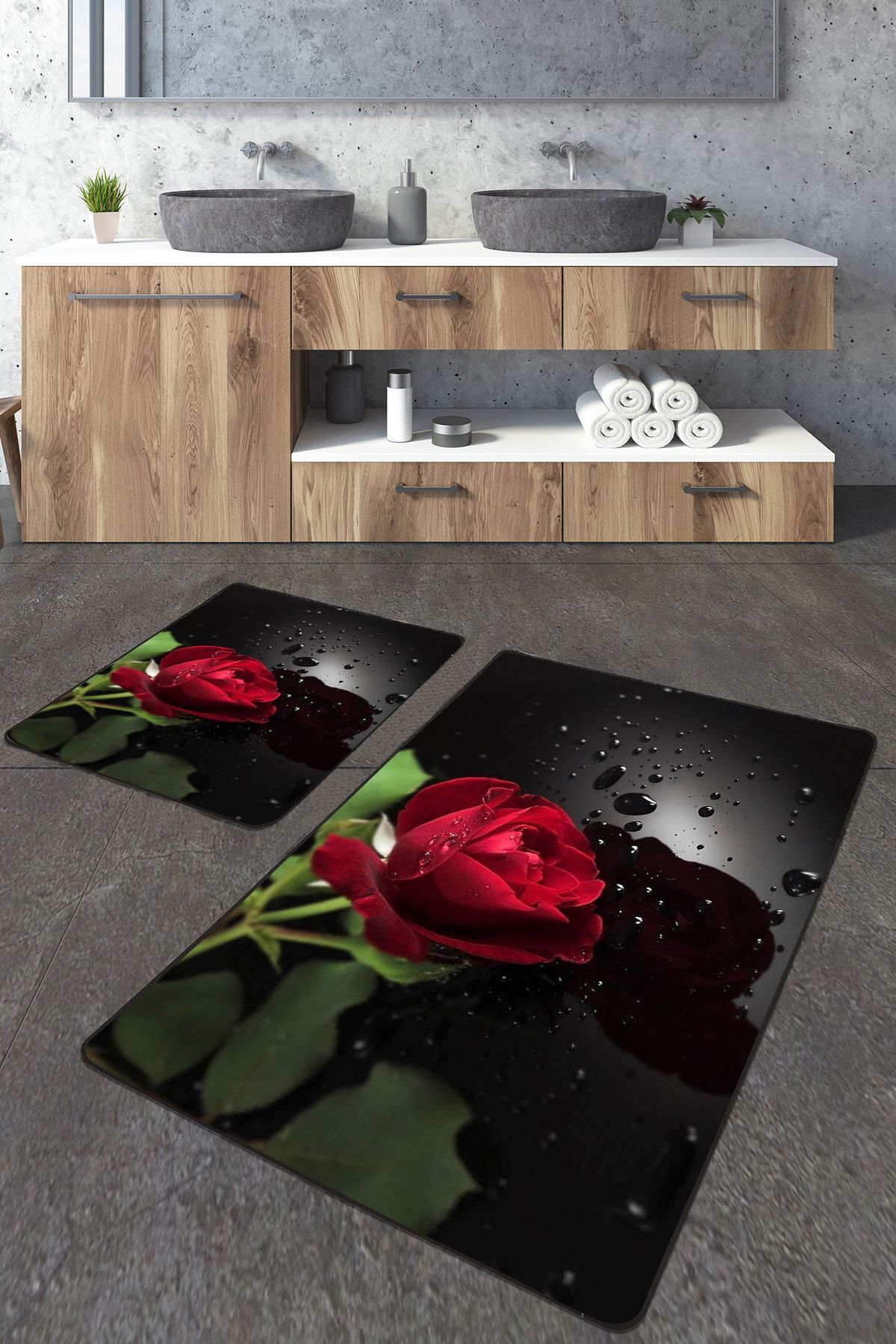 2-Piece Large Bath Mat Set with Red Rose Pattern
