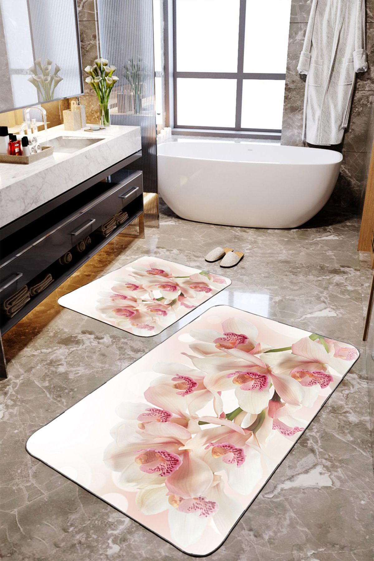 2-Piece Large Bath Mat Set with Powder Flower Pattern