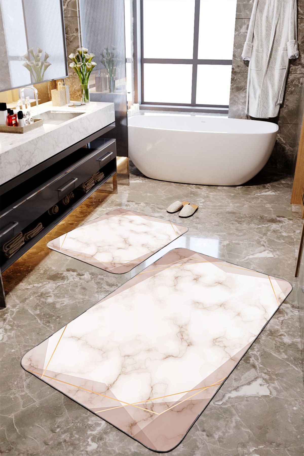 Milk Coffee Marble Patterned 2-Piece Large Bath Mat Set