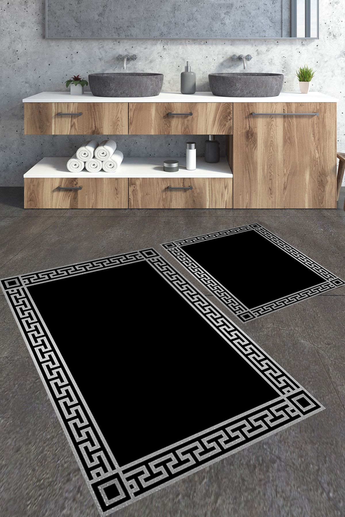 Double Size Bath Mat Set with Gray Frame and Glitter Look