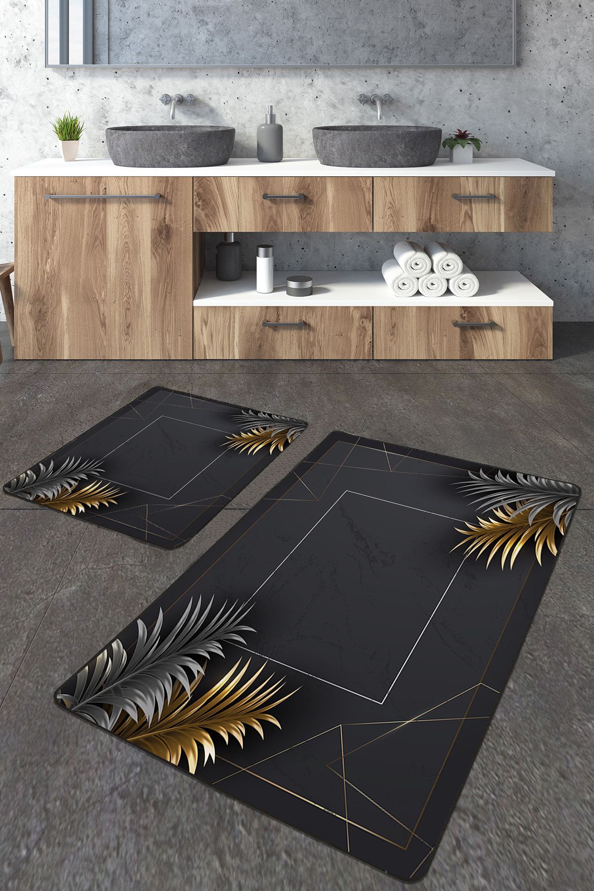 Modern Gold Leaf Pattern 2-Piece Large Bath Mat Set