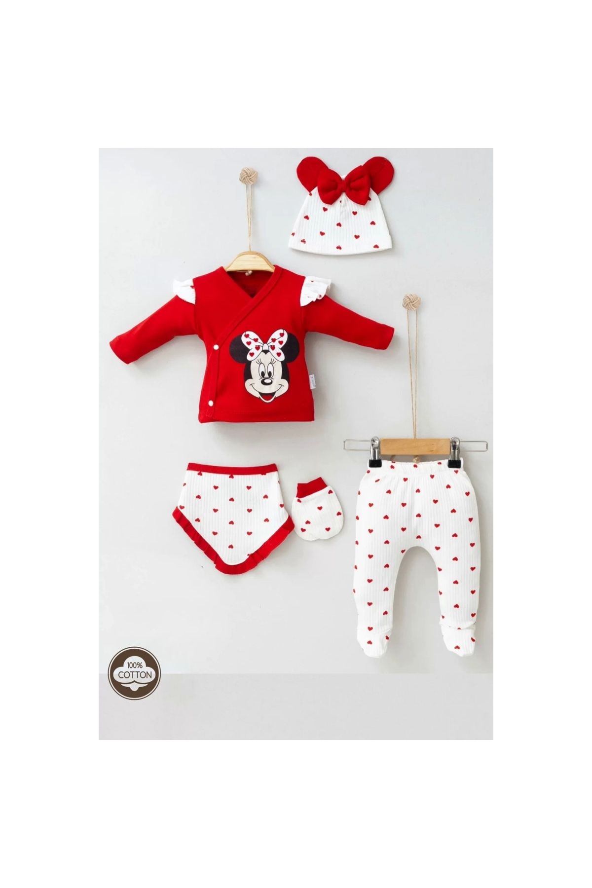 Mickey Patterned 100% Cotton Set of 5 Baby Girl Hospital Release