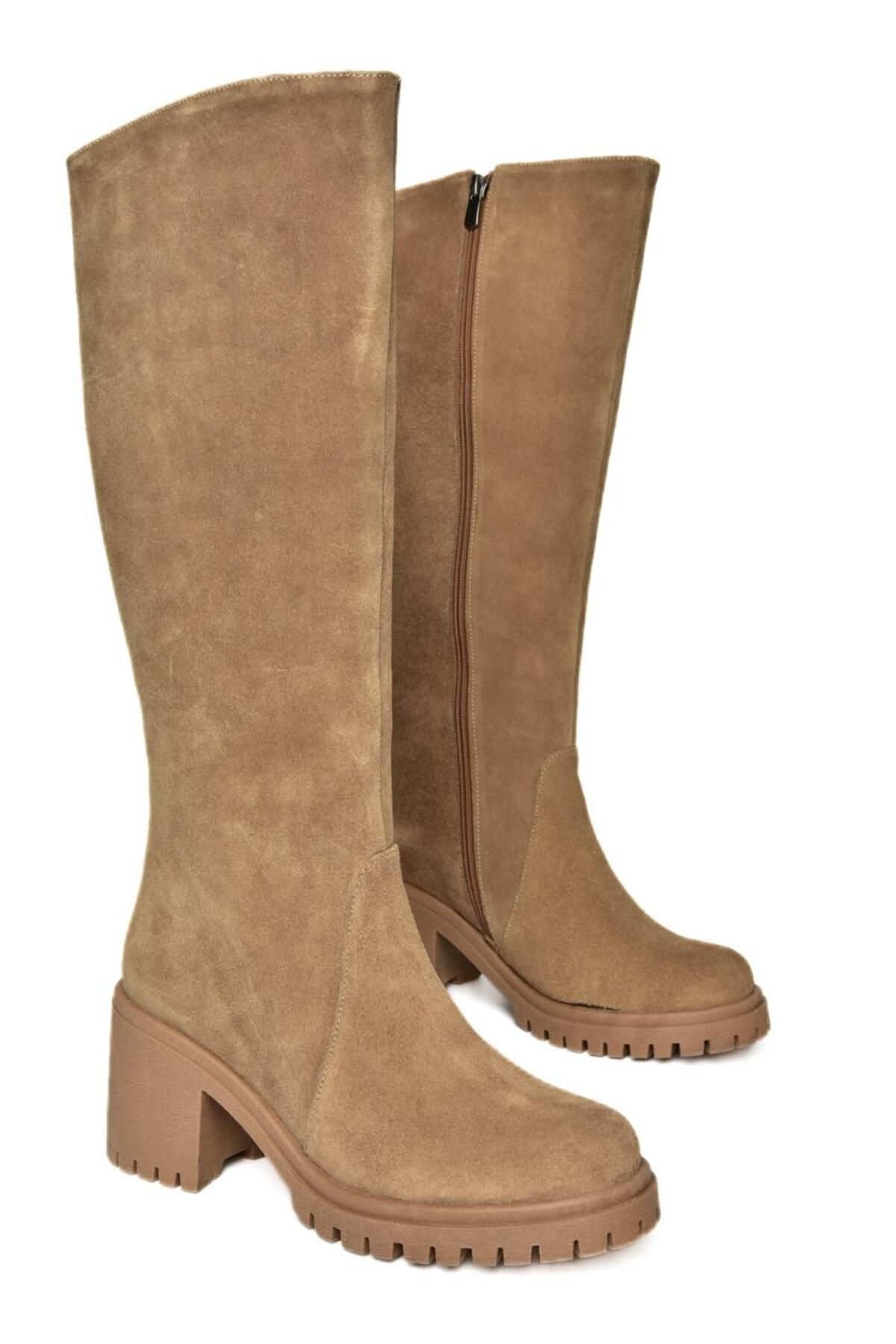 Fox Shoes-R654047702 Светлокафяви дамски боти с дебел ток от естествена кожа и велур 4