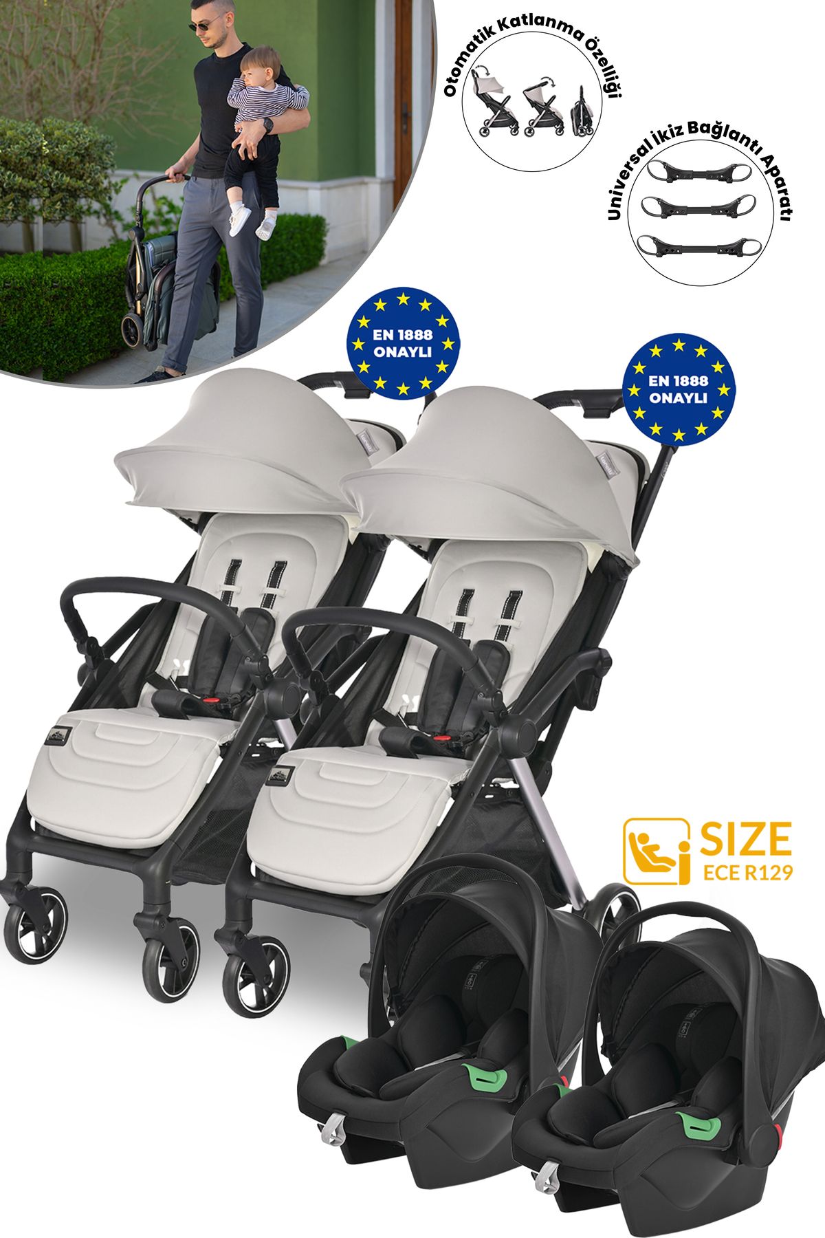 LORELLİ Lorelli Loret Otomatik Katlanan Kabin Boy İkiz & Travel Set Bebek Arabası - Grey