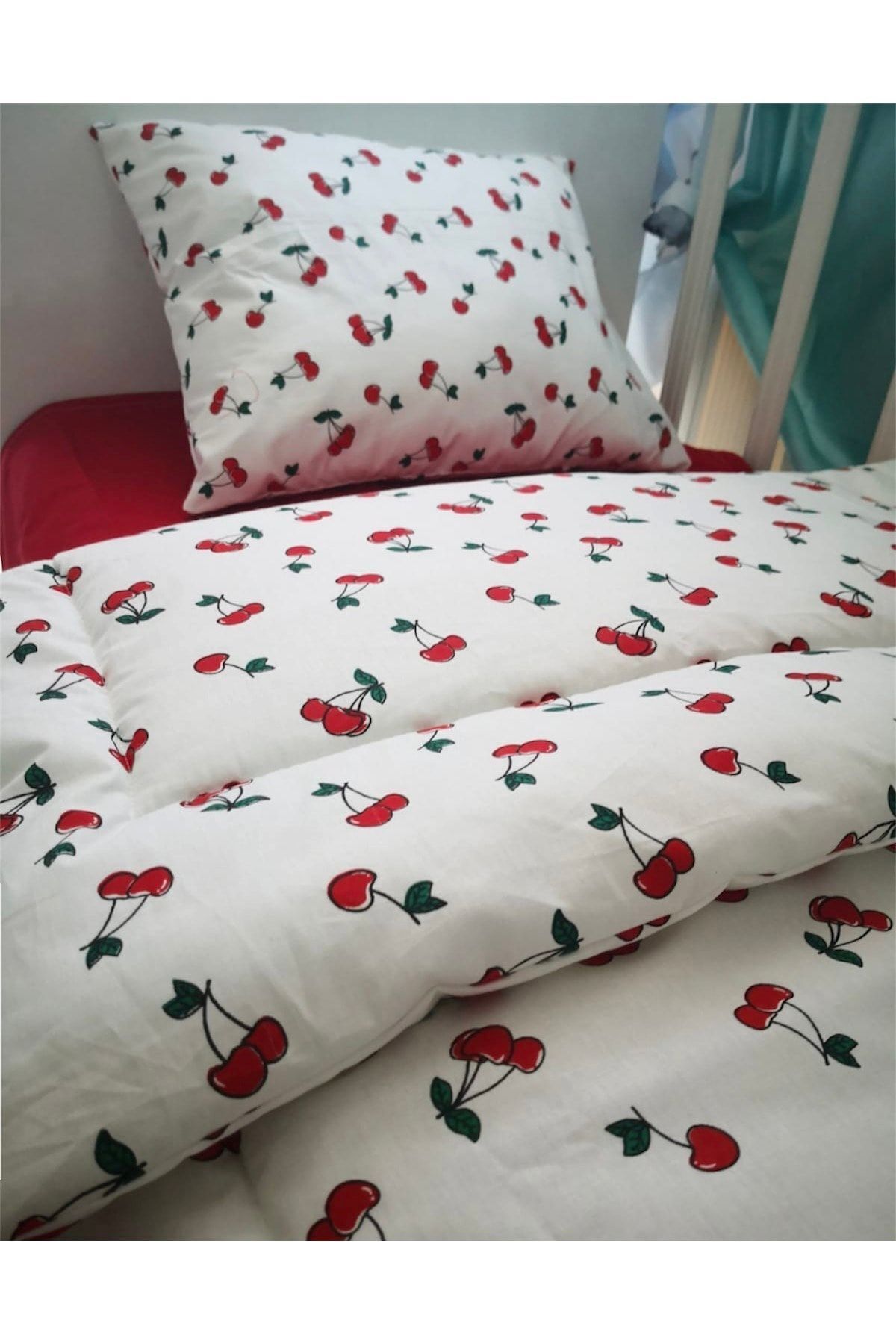 100% Cotton Children's 80x160 Crib Pillow Bed Sheet Quilt Set with Cherry Pattern (Duvet)