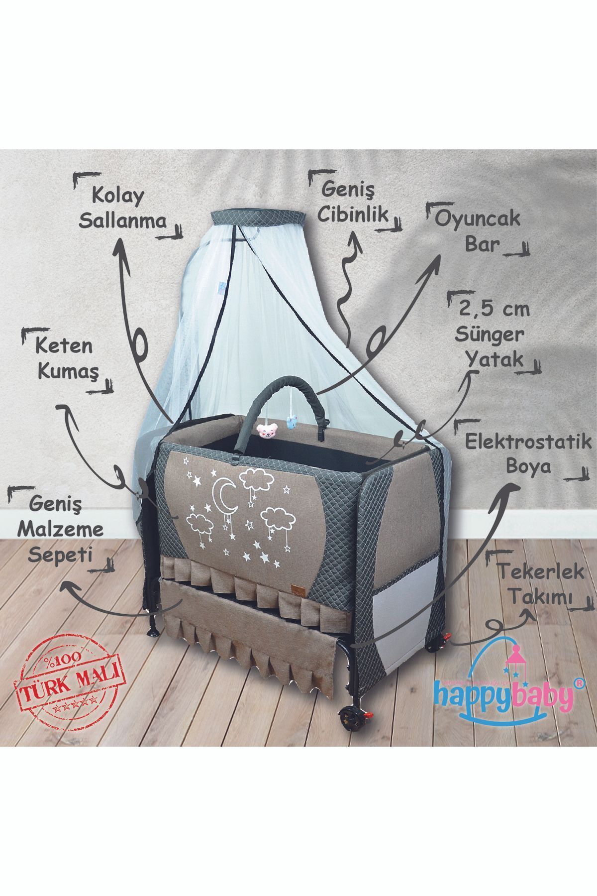 Happy Baby Elit Lüks Konfor Beşik - Portatif - Sallanabilir - Silinebilir - Anne Yanı Bebek Besik fotoğrafı 2 (önizleme)