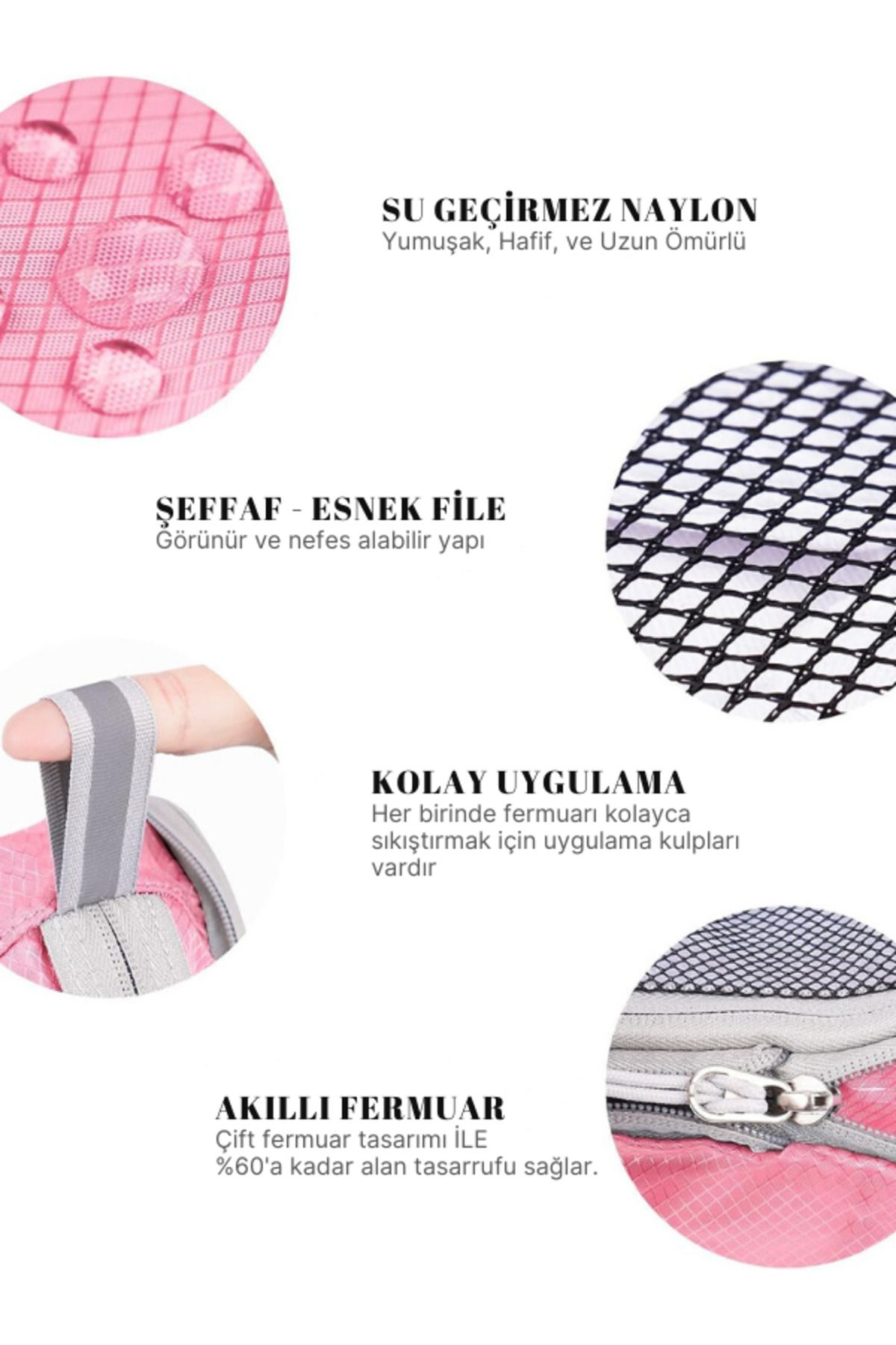 ZENİTH-Set of 5 Pink and Travel Compressible Zippered Smart Suitcase Organizer 3