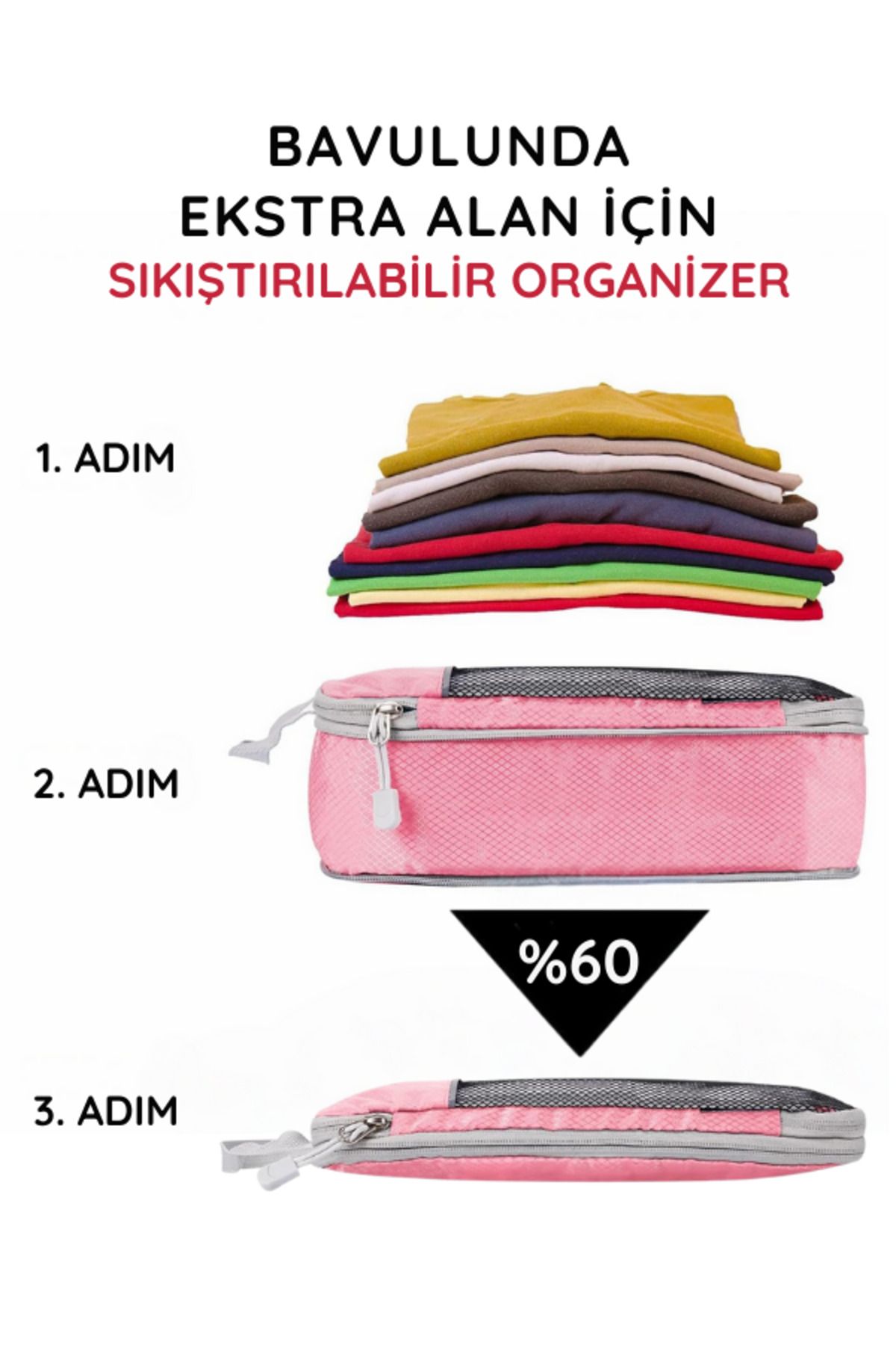 ZENİTH-Set of 5 Pink and Travel Compressible Zippered Smart Suitcase Organizer 7