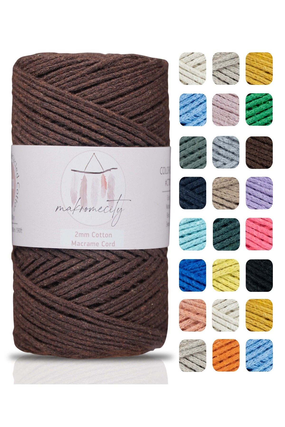 Makromecity Premium Koton Pamuk Makrome Ipi Acı Kahve 200 gr 150 Metre 2mm Cotton Makrome Çanta Ipi Supla Ipi