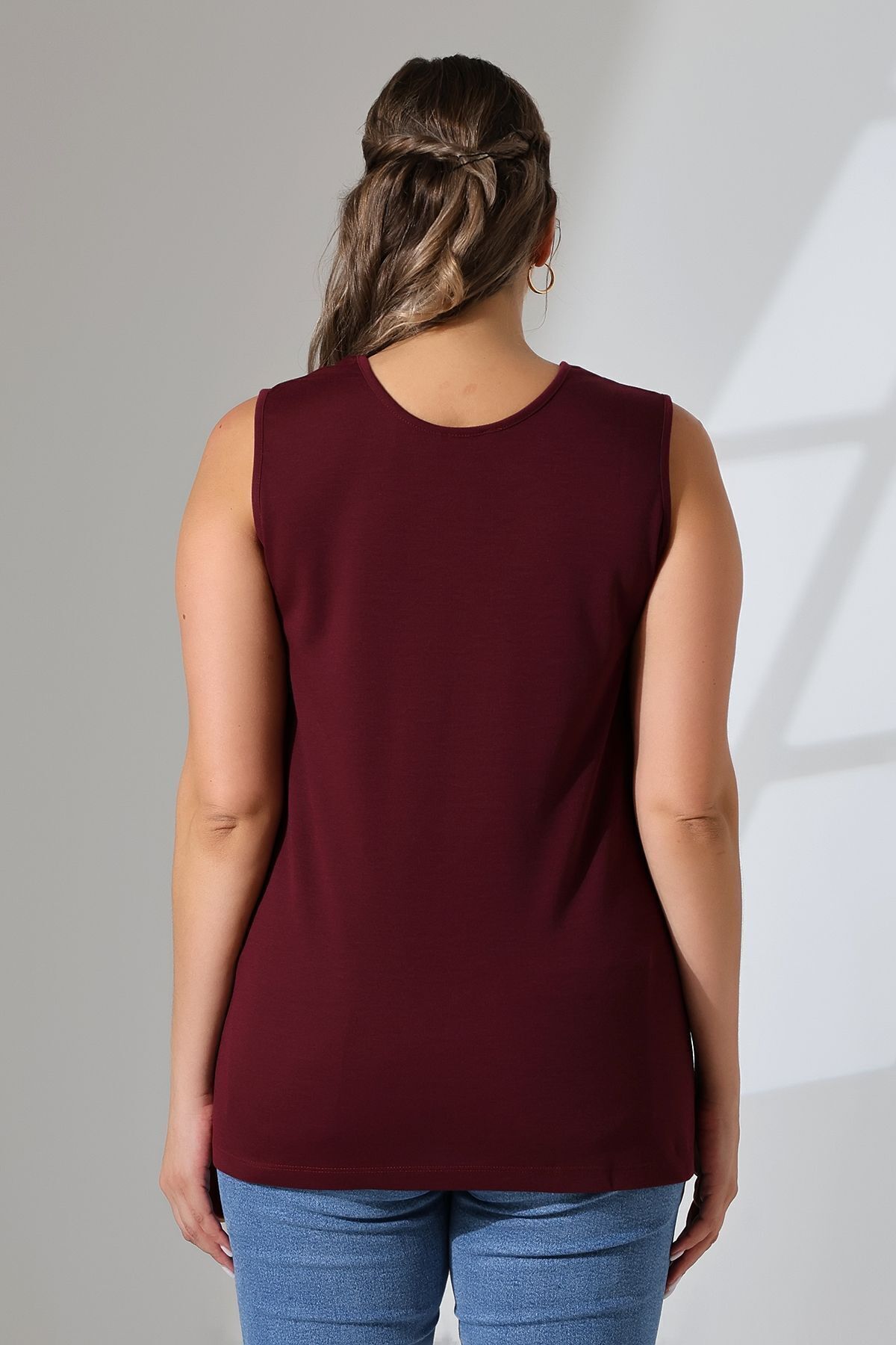 Şiir-Claret Red Jaspers Women's Blouse - Side Slit and Devore Detail, Plus Size, Front/Back Use 3