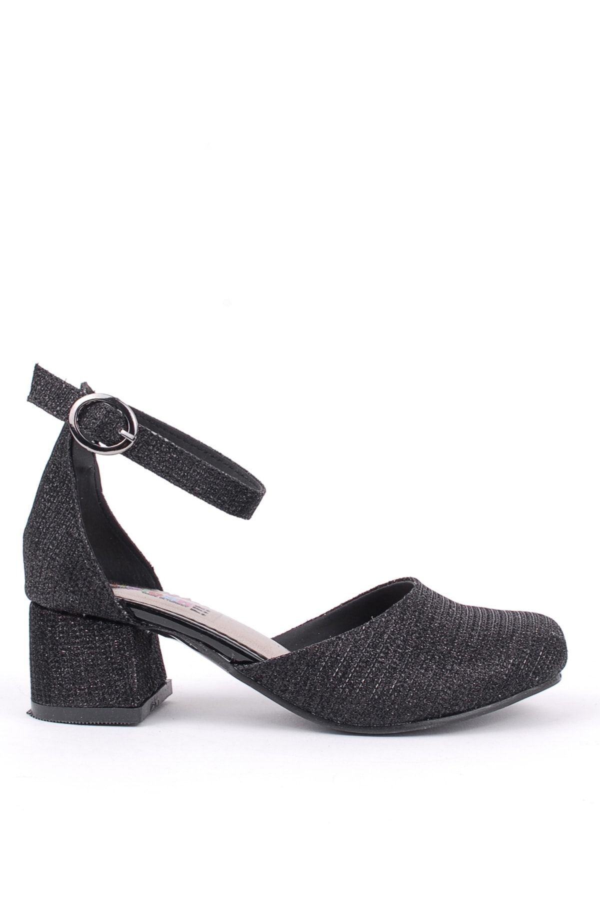 Girls' Black Ankle Buckle Heeled Evening Shoes