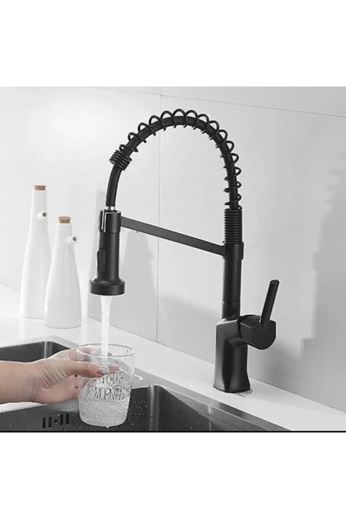 İSAOĞLU YAPI-Black Kitchen Faucet - Industrial Sink, Tap, Extending System, Luminaire with Spiral Shower Feature 3