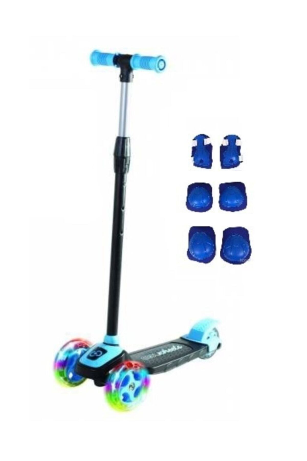 Furkan 3 Tekerlekli Frenli Led Işıklı Yükseklik Ayarlı Çocuk Twist Scooter Mavi Renk 3+ Yaş Dizlik Seti Hed