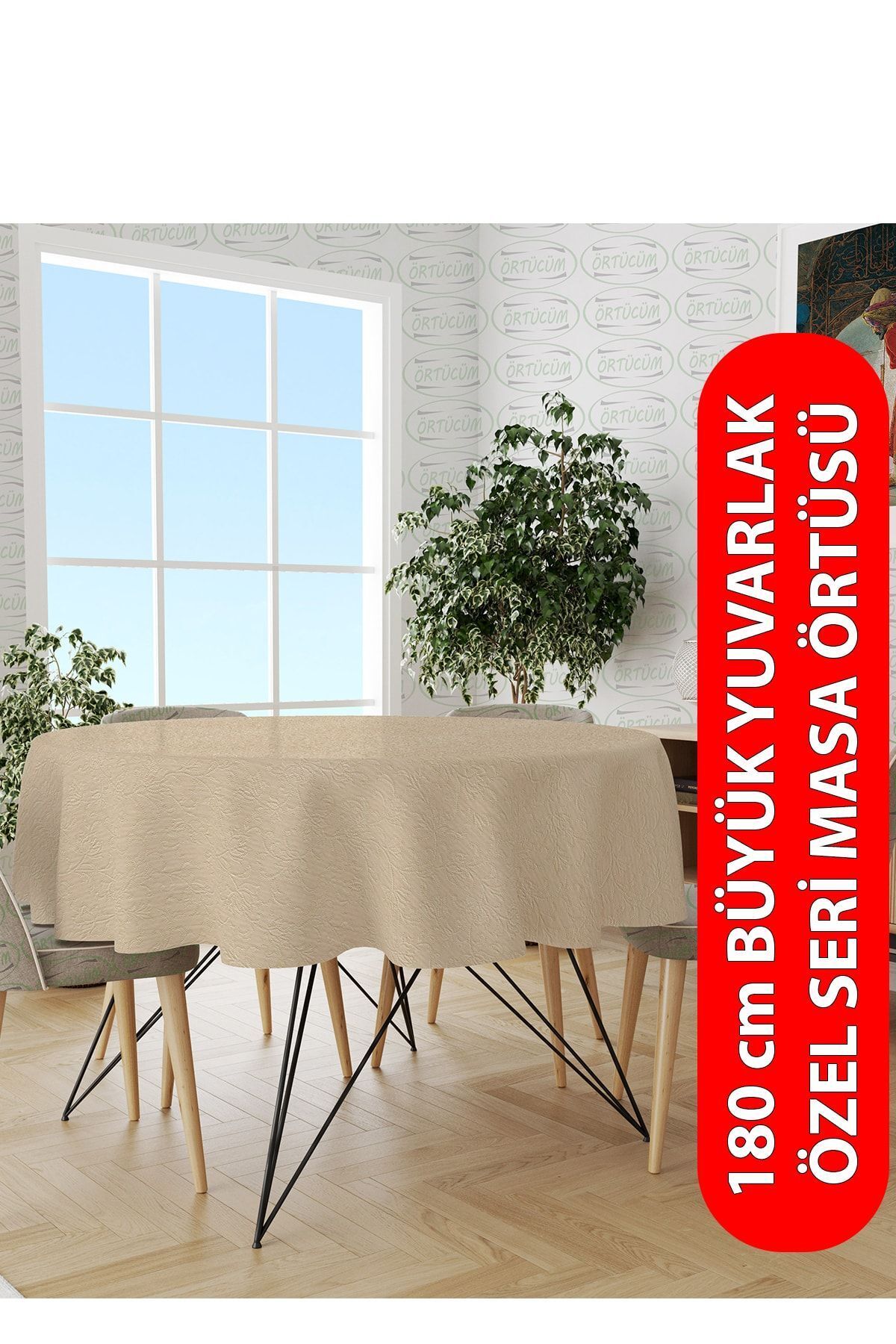 Krem 180 Cm Büyük Boy Yuvarlak Pvc Muşamba Elyaflı Masa Örtüsü Silinebilir 12 Kişilik