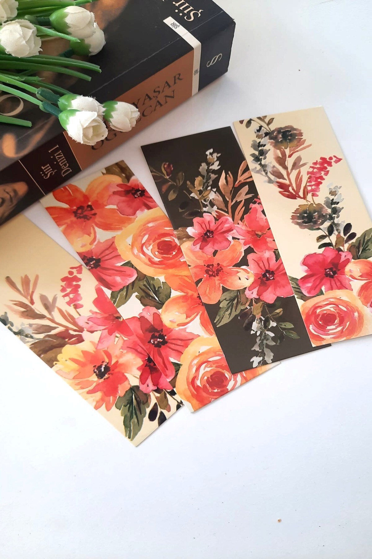 Emtory Home 12'li Yağlı Boya Çiçek Serisi Kitap Ayracı - Kalın Kuşe - 4,5x15cm - Okul Hediye - Çiçekli Ayraç