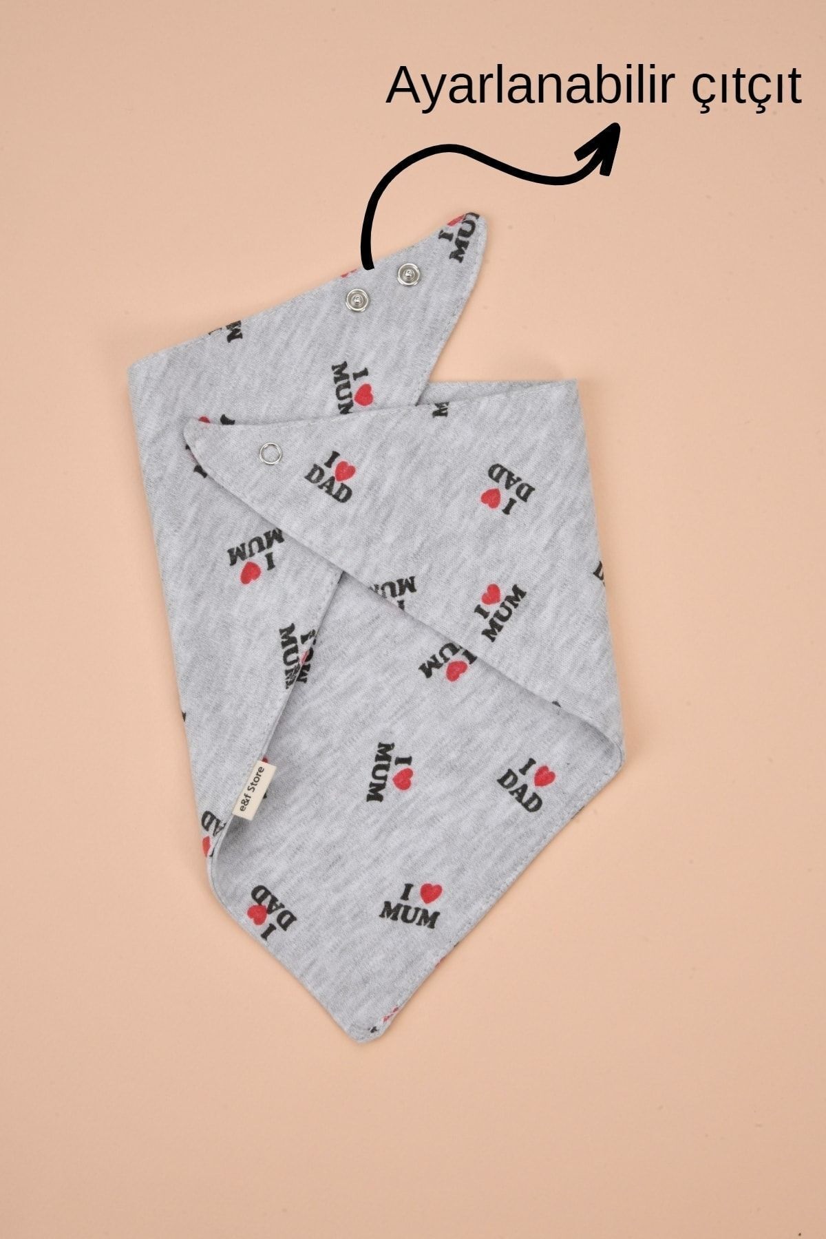 e&f Store Üçgen Pamuklu Mama Önlüğü Ve %100 Pamuk Gri Beyaz Çizgili Emzik Askısı Seti fotoğrafı 2 (önizleme)