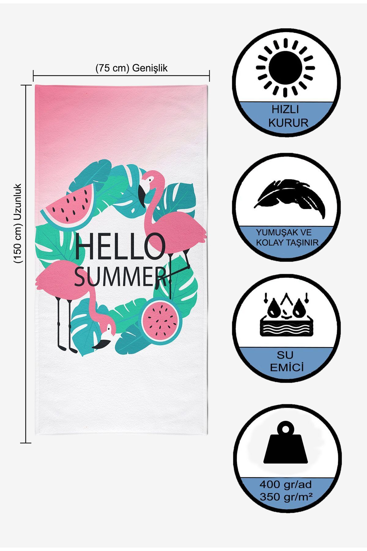 VEVİEN HOME-منشفة الشاطئ Hello Summer مطبوعة رقمية مقاس 75 × 150 سم 5