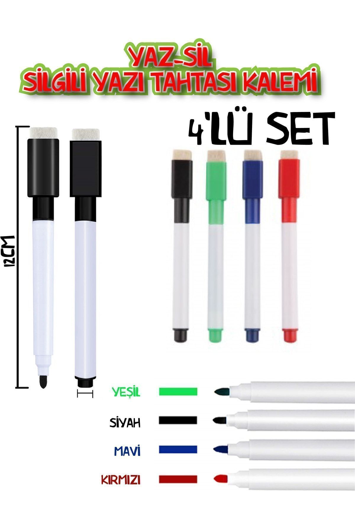 Dünya Magnet 4 Adet - Renkli Yaz-sil Yazı Tahtası Kalemi, Silgili Mıknatıslı Kalem, Keçeli Kalem