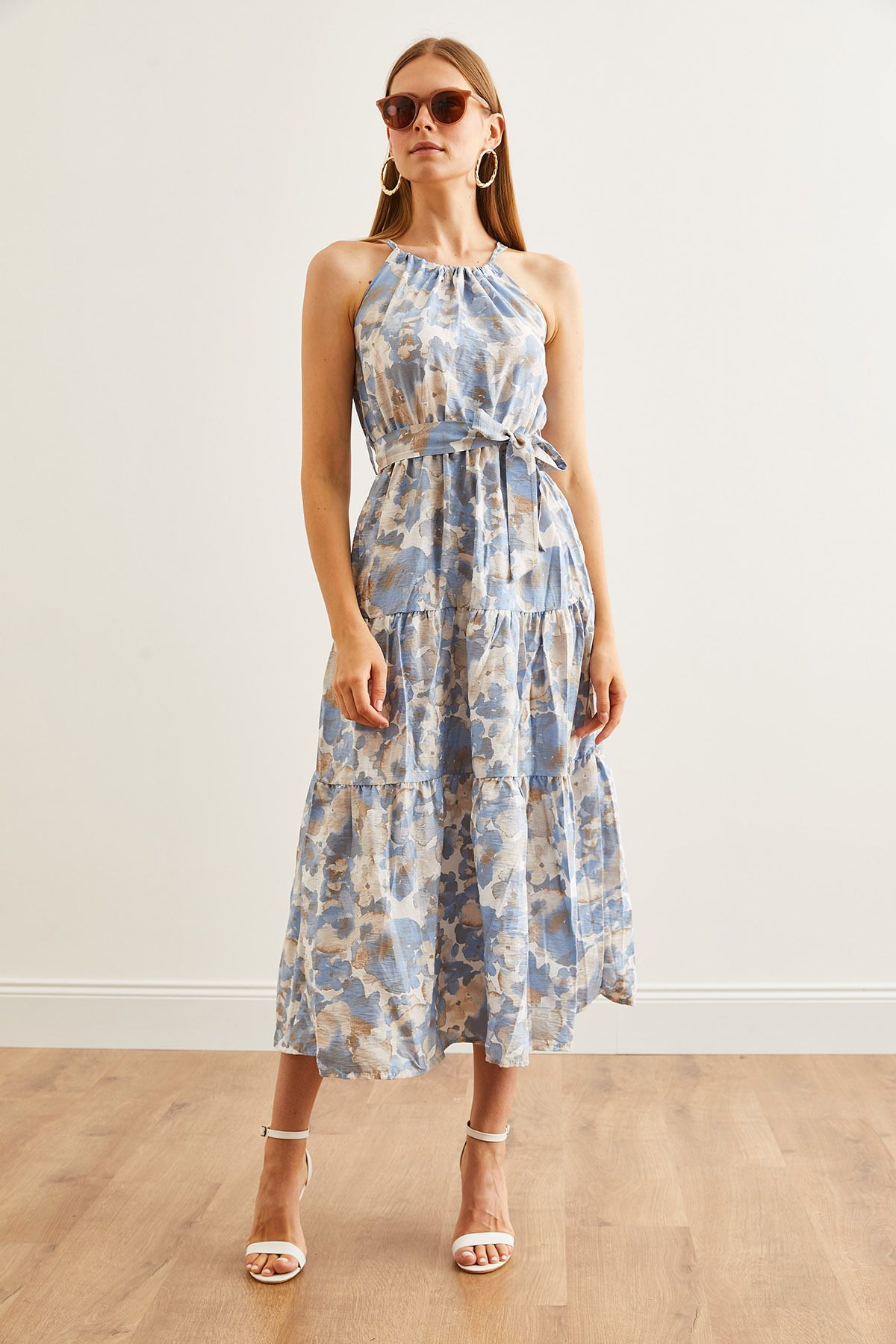 Olalook-Ebru Indigo Neckholder-Kleid aus Viskose mit Gürtel - ELB- 19001548 6