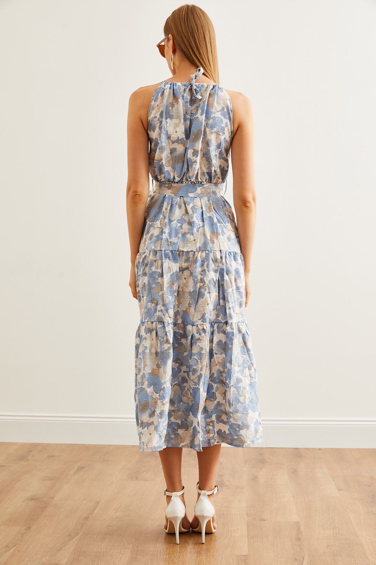 Olalook-Ebru Indigo Neckholder-Kleid aus Viskose mit Gürtel - ELB- 19001548 7