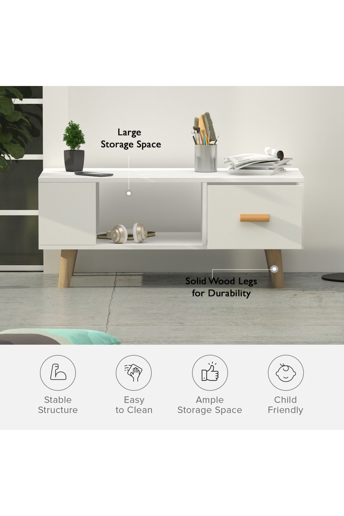 Mahmayi-H302 Modern Coffee Table With Drawer & Shelf - Versatile White Storage Unit 4