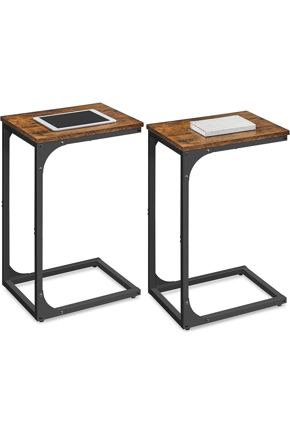Mahmayi-VASAGLE C-Shaped End Table Set of 2, Space-Saving Side Tables for Couch/Bed, Rustic Brown & Black 1