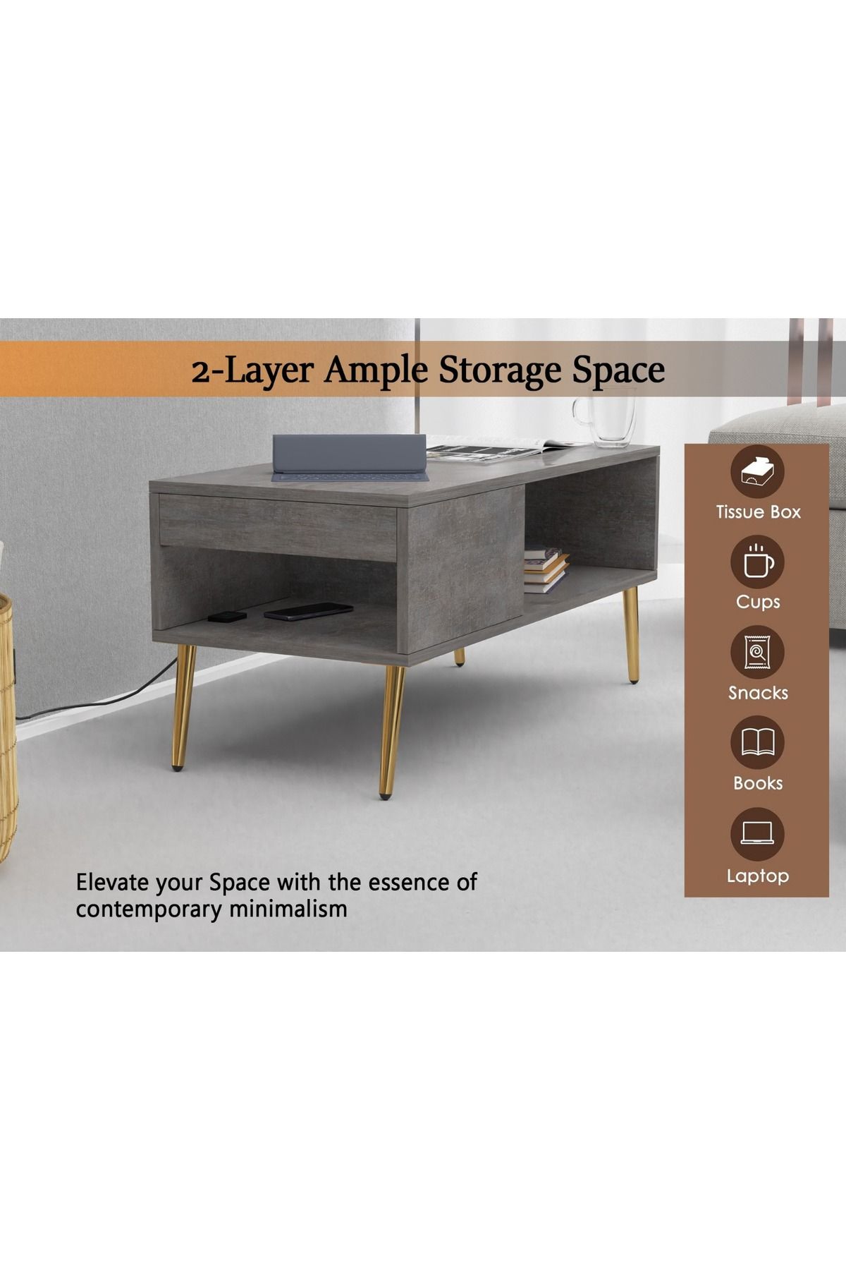 Mahmayi-Modern Coffee Table with USB Port & Storage - Sleek, Durable & Space-Saving Design 4