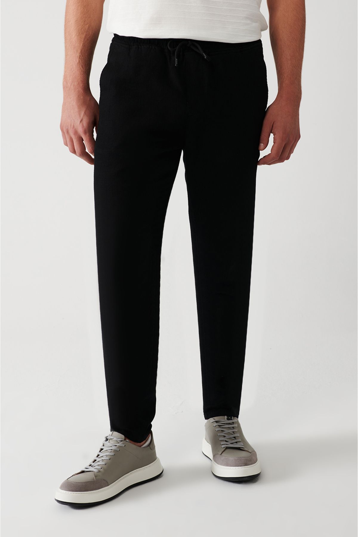 Erkek Siyah Pantolon Yandan Cepli Beli Lastikli Keten Dokulu Relaxed Fit E003052