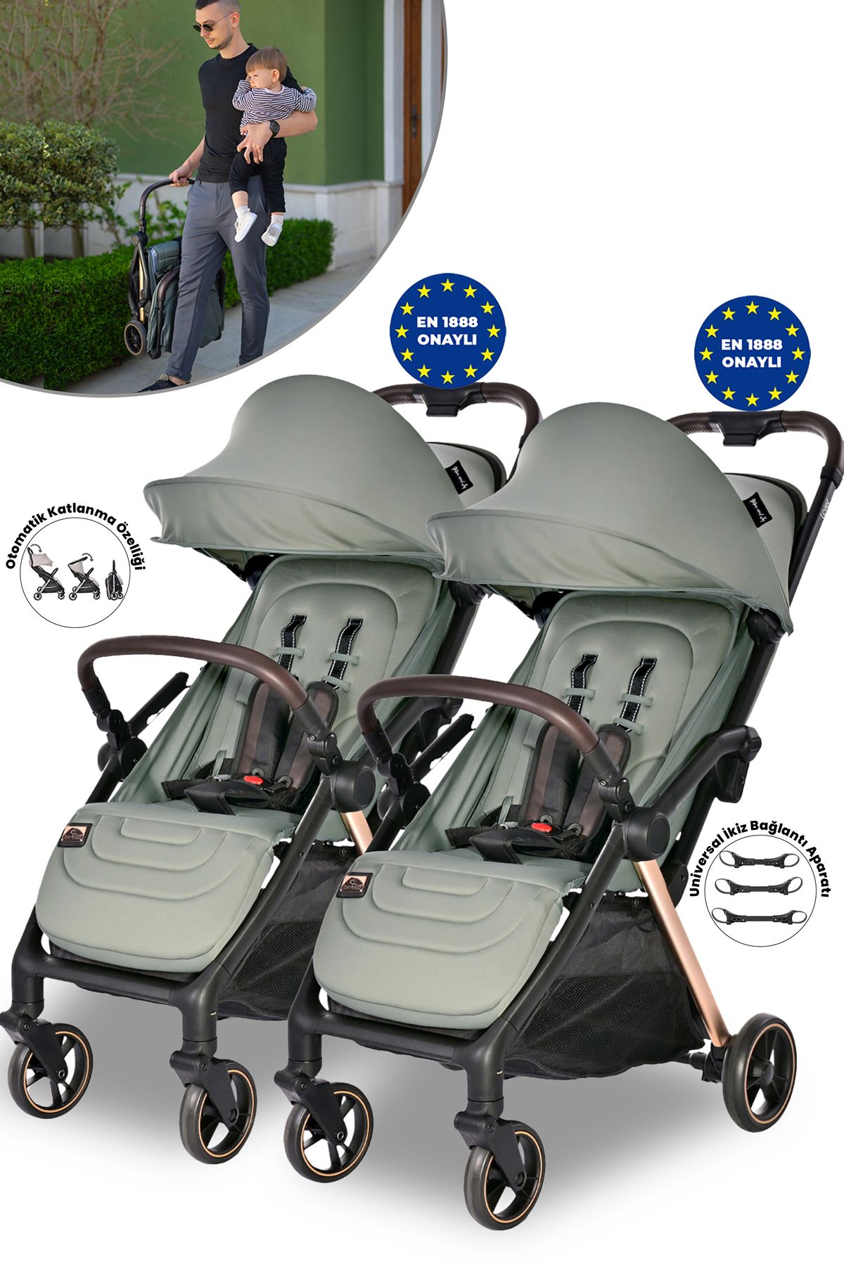 LORELLİ Lorelli Loret Otomatik Katlanan Kabin Boy & İkiz Bebek Arabası - Green