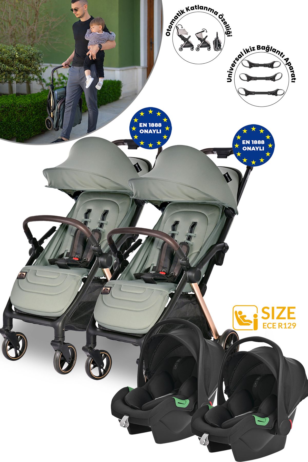 LORELLİ Lorelli Loret Otomatik Katlanan Kabin Boy İkiz & Travel Set Bebek Arabası - Green