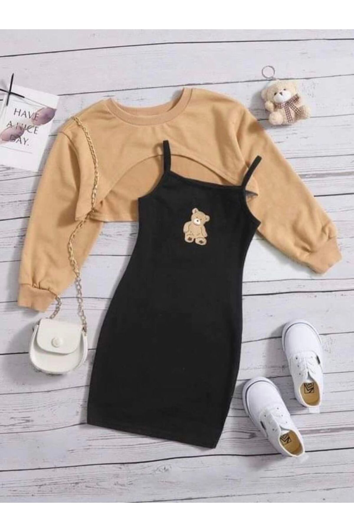 Ayıcık baskı elbise & sweat kombin
