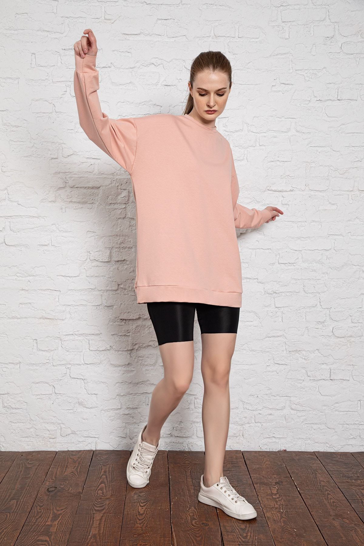 MyBen  Unisex Uzun Kollu Iki Iplik Pembe Oversize Sweatshirt Irf056 - Görsel 3