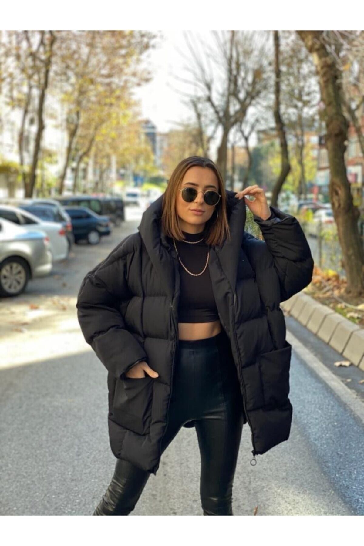 ZF BUTİK Czarna kurtka puchowa oversize z kapturem