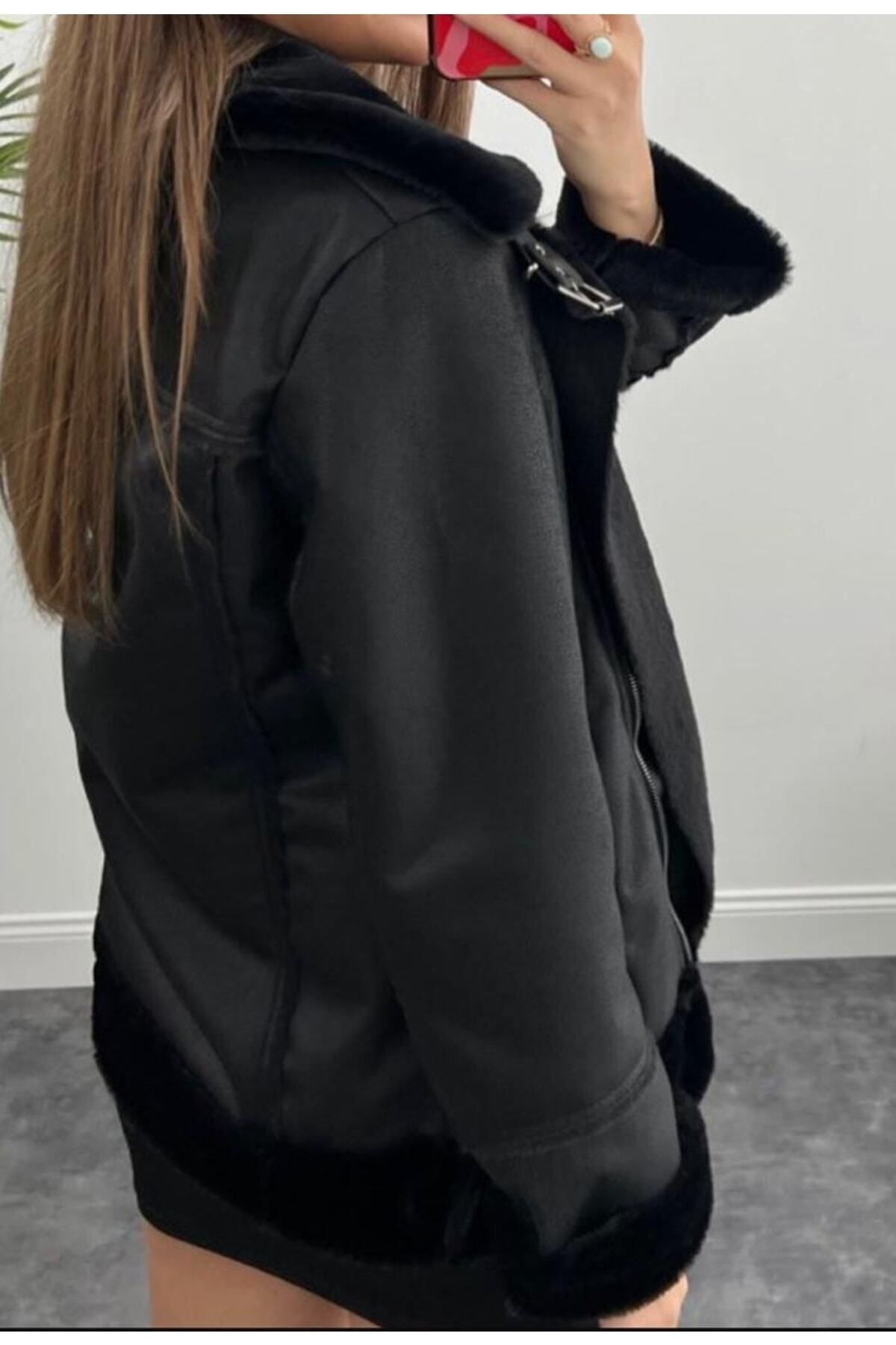 ZF BUTİK  Içi Komple Kürklü Biker Hafif Mont - Görsel 4