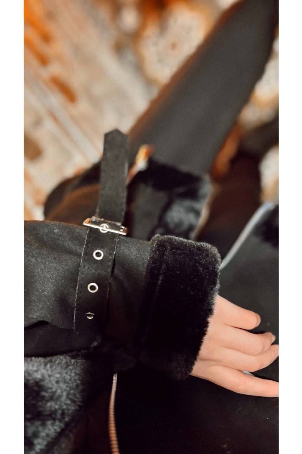 Manteau en daim noir femme avec ceinture et fermeture éclair - Görsel 5