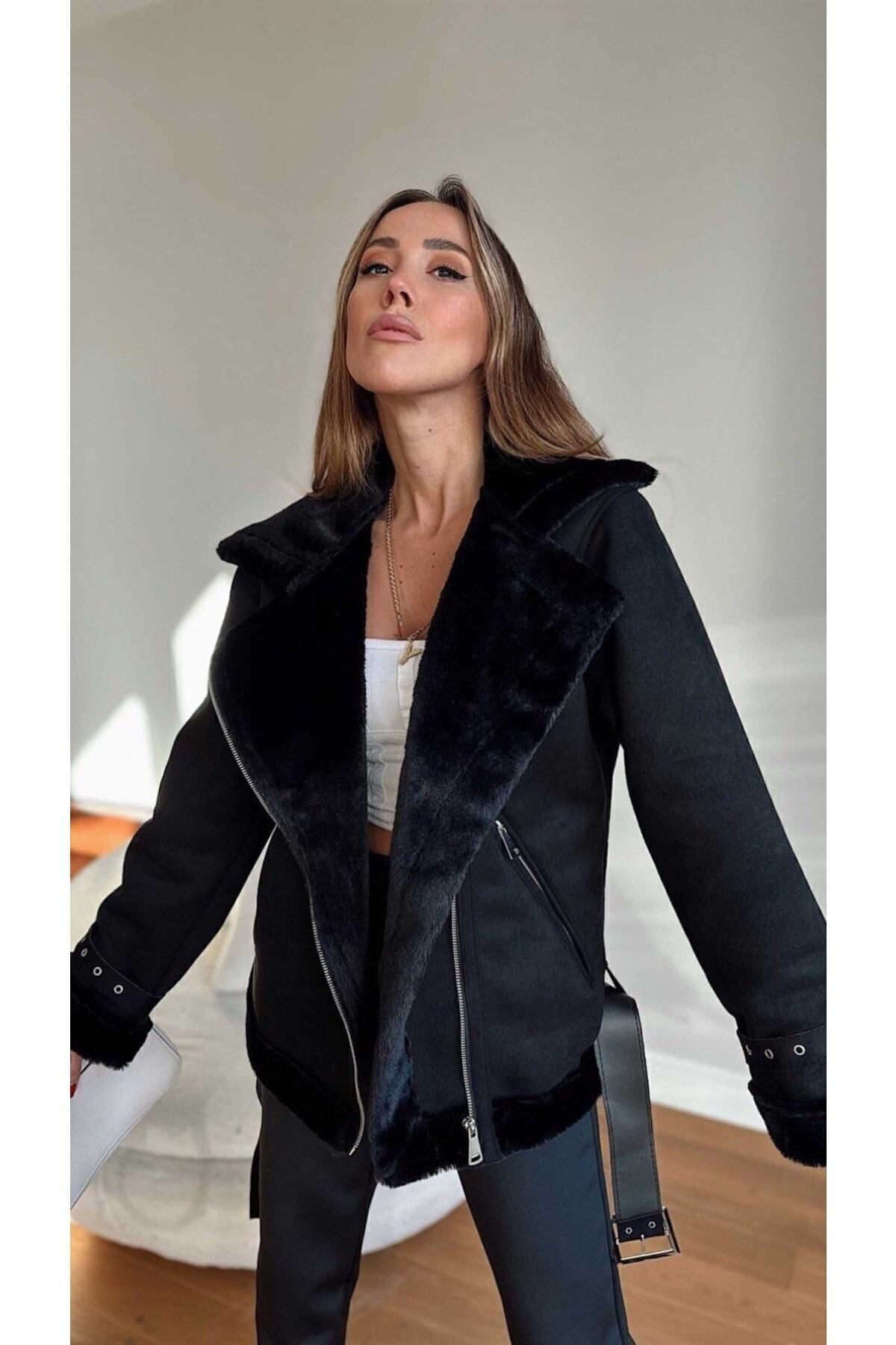 ZF BUTİK Płaszcz damski zamszowy - ze ściągaczem wewnątrz i paskiem