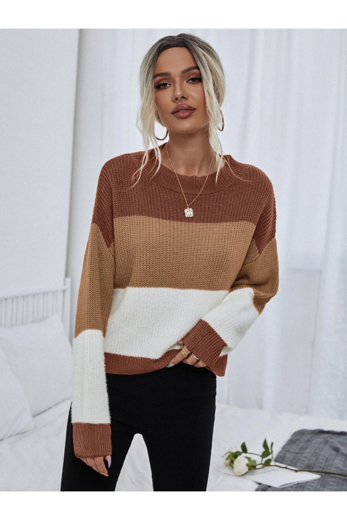 Dier Moda  Dier Moda Kadın Oversize Çizgili Triko Kazak, Çizgili Kazak - Görsel 6