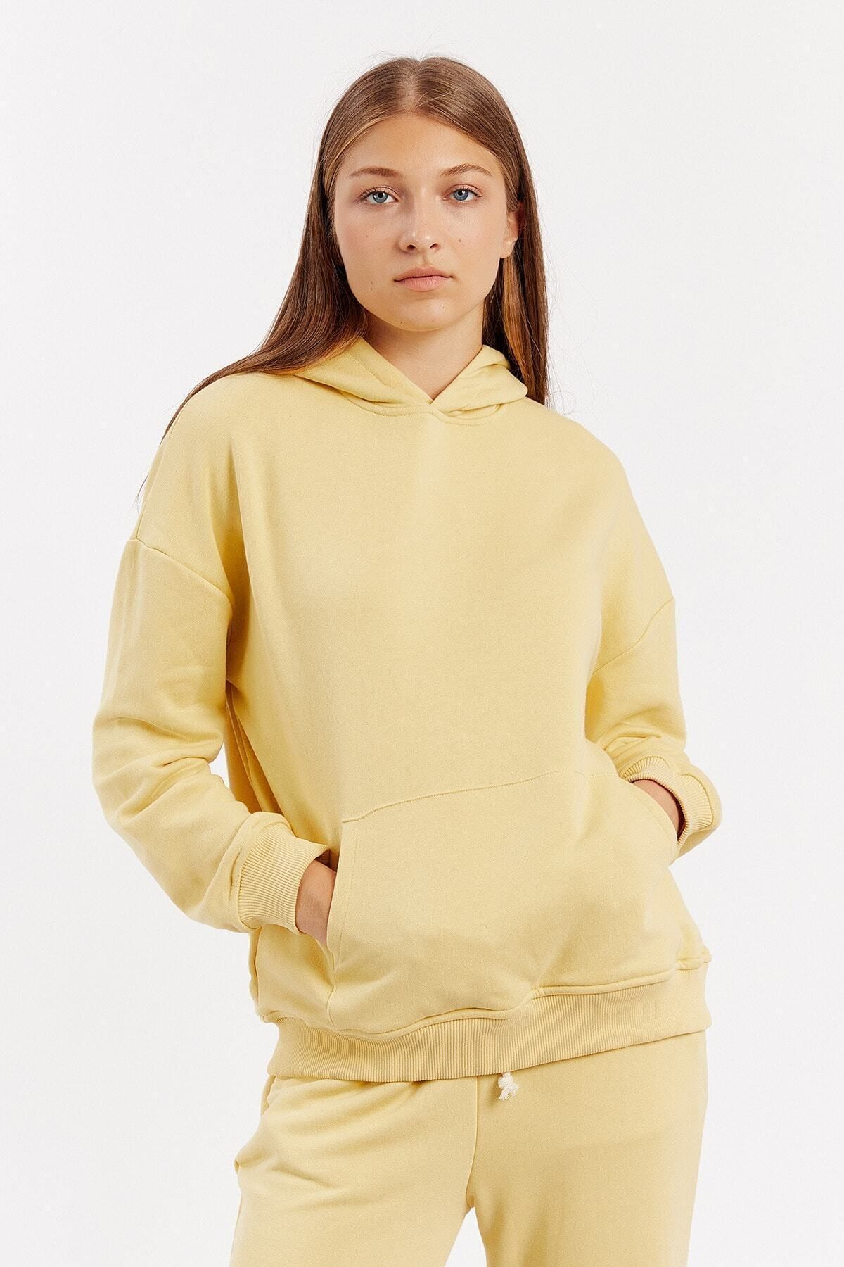 Toptan | Sarı Kapüşonlu Kanguru Cepli Oversize Sweat| Mk21n275458-5458