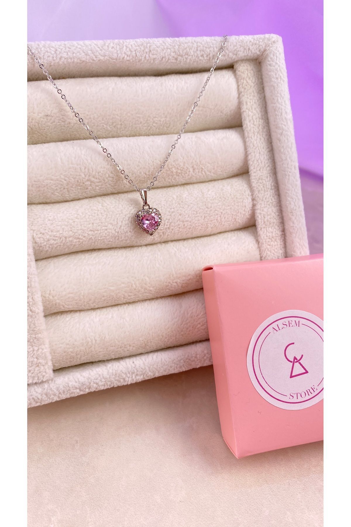 Gümüş Kalp Temalı Kolye Yüzük Bileklik Küpe Set , Özel Tasarım Pembe Kalp İşlemeli  Gümüş Set 3