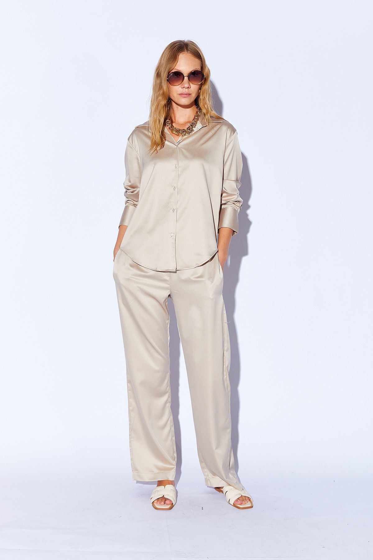 Bej Saten Palozzo Kesim Beli Lastikli Kadın Pantalon | MKS669594-01
