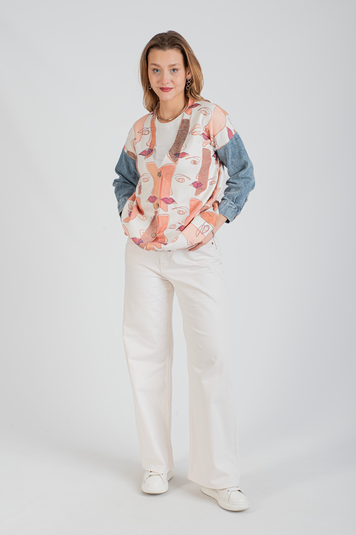 HatunAtila Sleeve Denim Detailed Patterned Long Knitwear Cardigan - 1180-24
