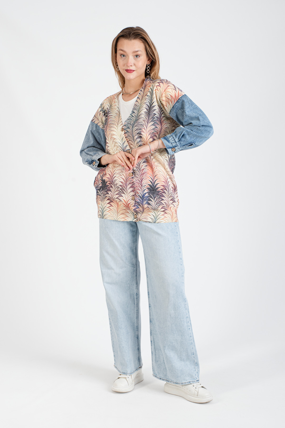 HatunAtila Sleeve Denim Detailed Patterned Long Knitwear Cardigan - 1180-6