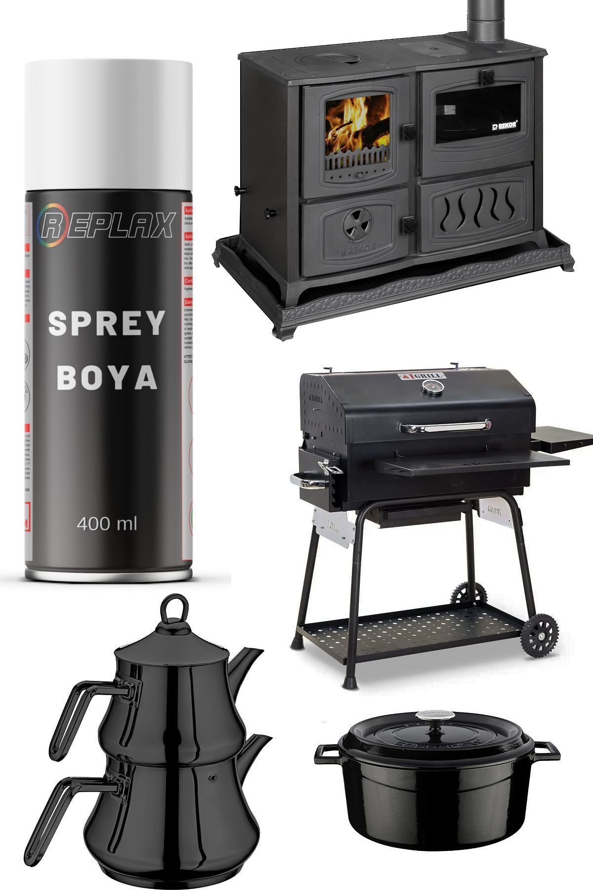 REPLAX Mat Siyah Fırın Soba Mangal Egzos Isıya Dayanıklı 690° Sprey Boya 400 Ml.