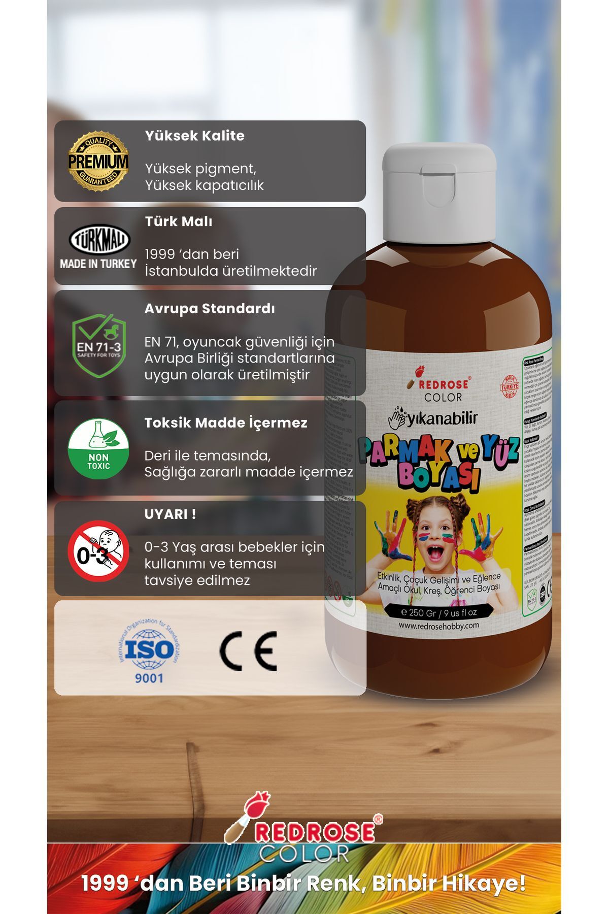 رنگ انگشتی قهوه‌ای ۲۵۰ گرم قابل شستشو، دارای گواهی EN-71، بدون مواد سمی، مناسب برای کودکان و مهدکودک