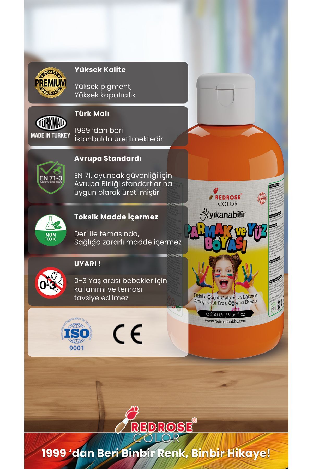 رنگ انگشتی نارنجی 250 گرم قابل شستشو، دارای گواهی EN-71، بدون مواد سمی، مناسب برای کودکان در مدرسه و مهد کودک