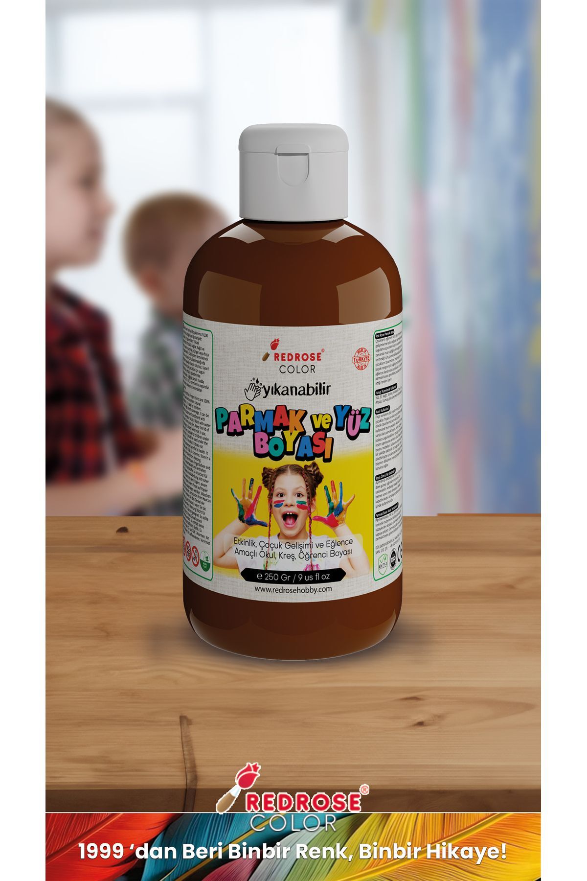 رنگ انگشتی قهوه‌ای ۲۵۰ گرم قابل شستشو، دارای گواهی EN-71، بدون مواد سمی، مناسب برای کودکان و مهدکودک