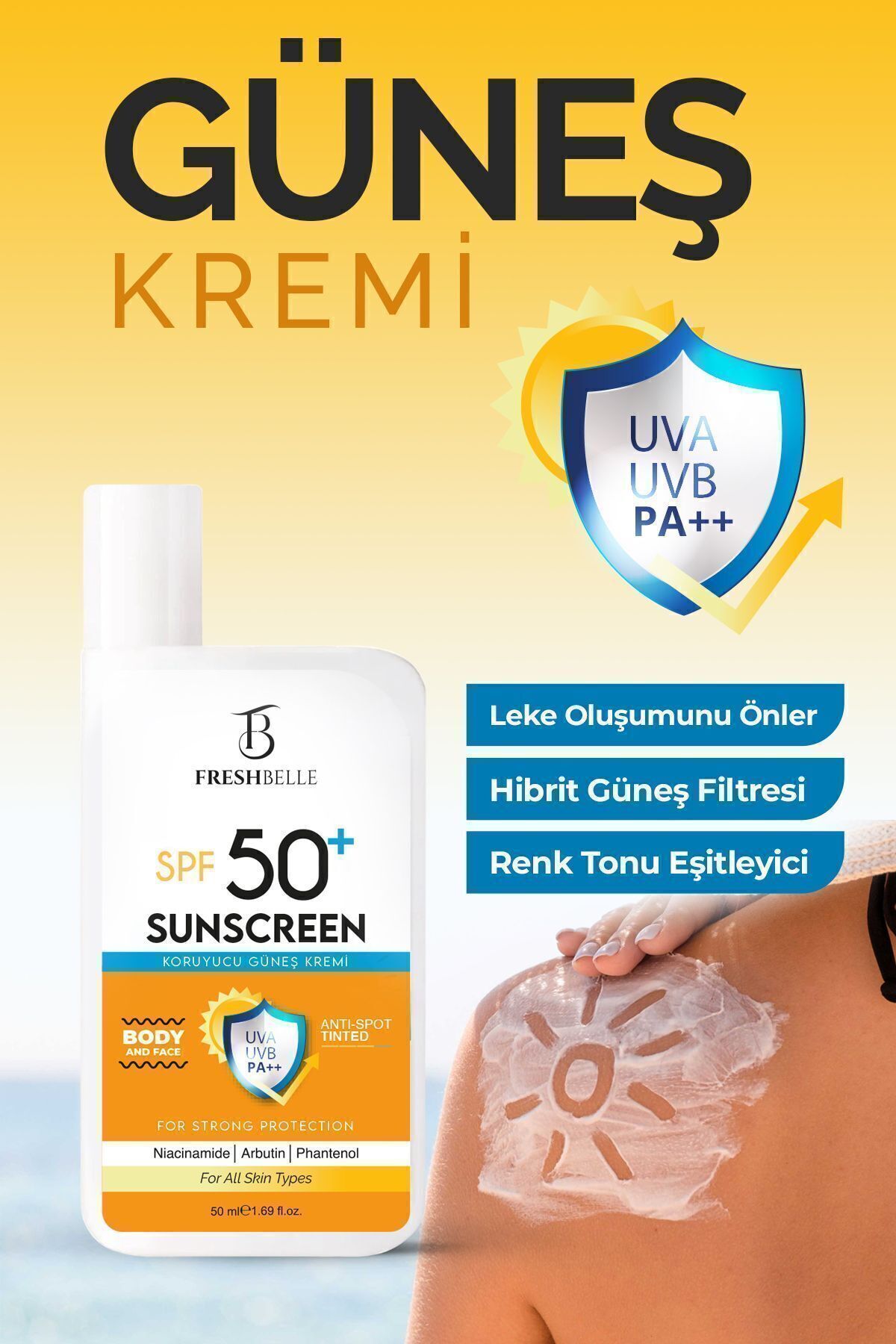 FreshBelle Ton Eşitleyici Aydınlatıcı Koyu Leke Karşıtı Renkli Kapatıcı Özellikli 50spf Günes Kremi 50ml